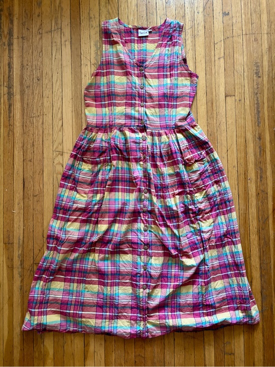 Arlene Dresses & Skirts - Vintage 90s colourful madras plaid sleeveless button down maxi dress